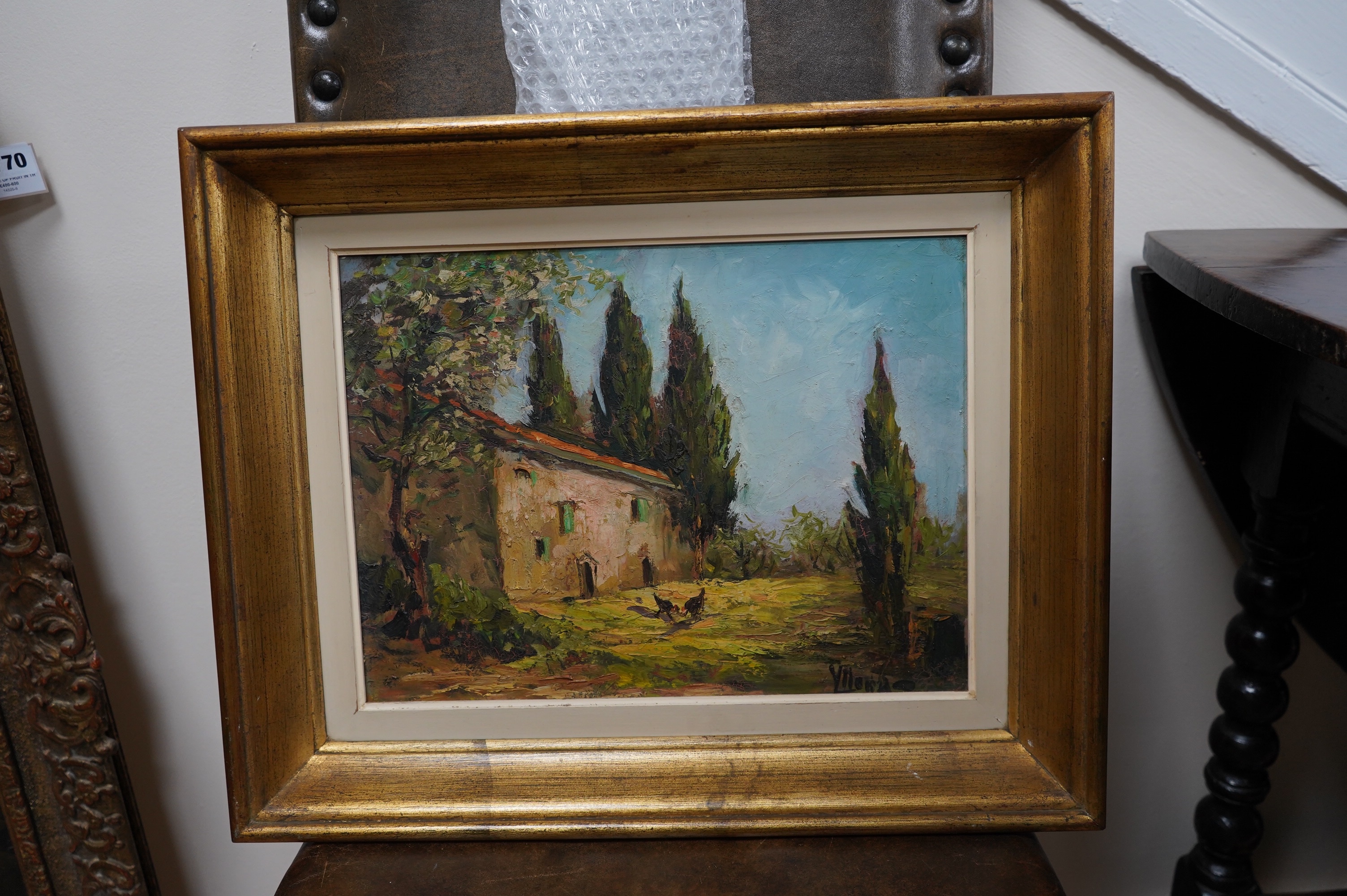 Continental School, impasto oil on board, Rural scene with farmhouse, indistinctly signed lower right, 28 x 38cm. Condition - fair, some cracking to the paint